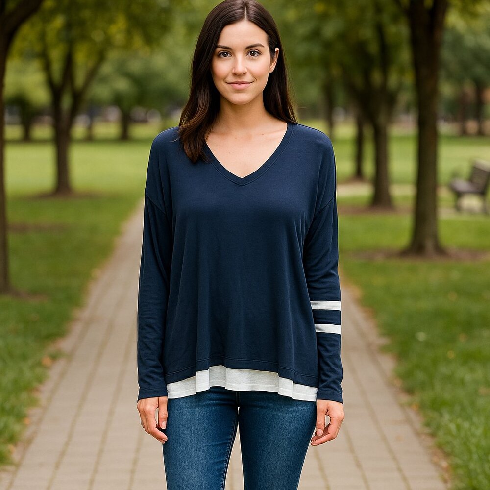 Cabi Lighthouse Tee Navy White Striped Style 5742 M Split Hem Nautical Knit Trip